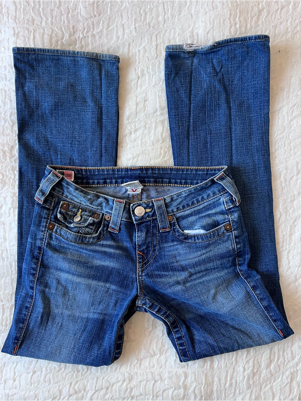 True Religion low rise Boot Cut Jeans in Dark Blue Wash